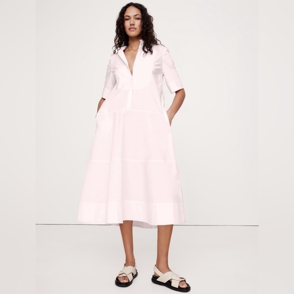 NWT! Banana Republic Light Pink Cotton Poplin Tuxedo Front Midi Dress - Large 🦋 - Picture 1 of 8